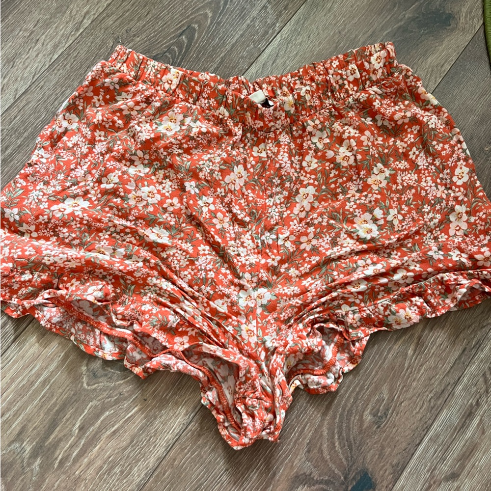 American Eagle Orange Red Floral High Waist Shorts
